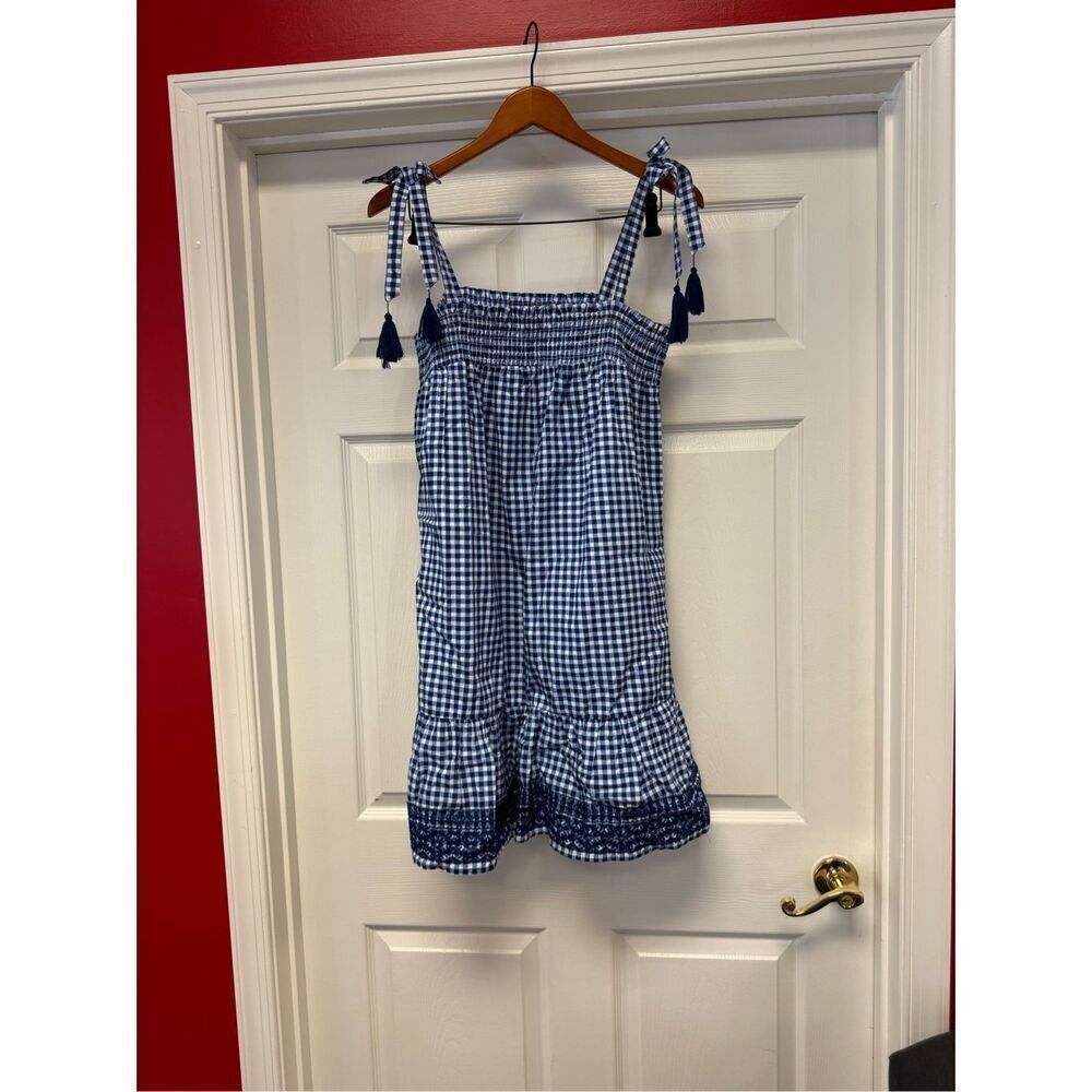 Margaux Riviera Blue & White Smocked Gingham Tassel Tie Sun Dress sz M NWOT